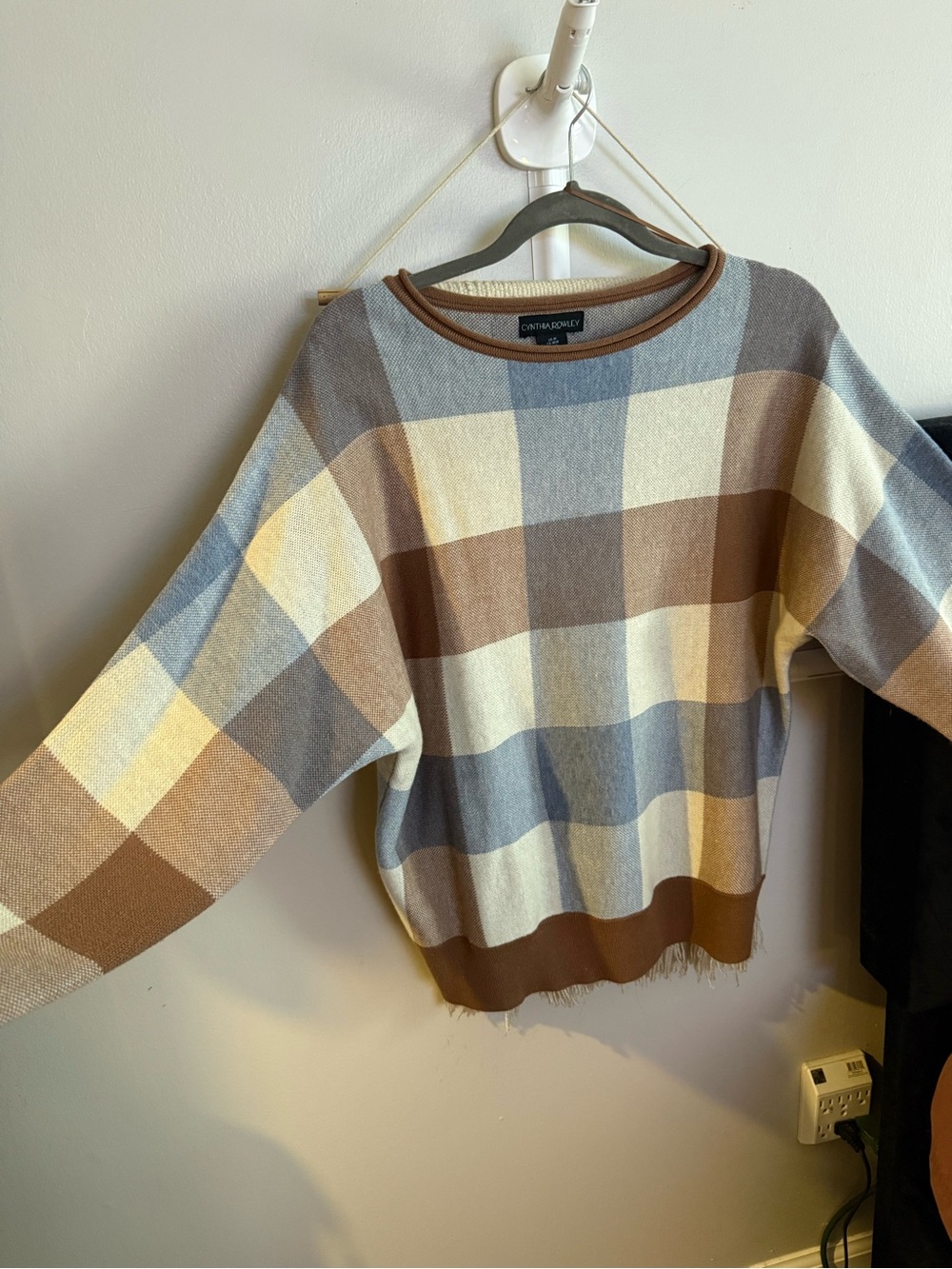 Cynthia Rowley Brown, Cream & Blue Plaid Crewneck Sweater